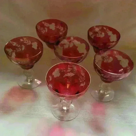 Set of 6-Ruby Flash Etched Cordials - Picture 4 of 4